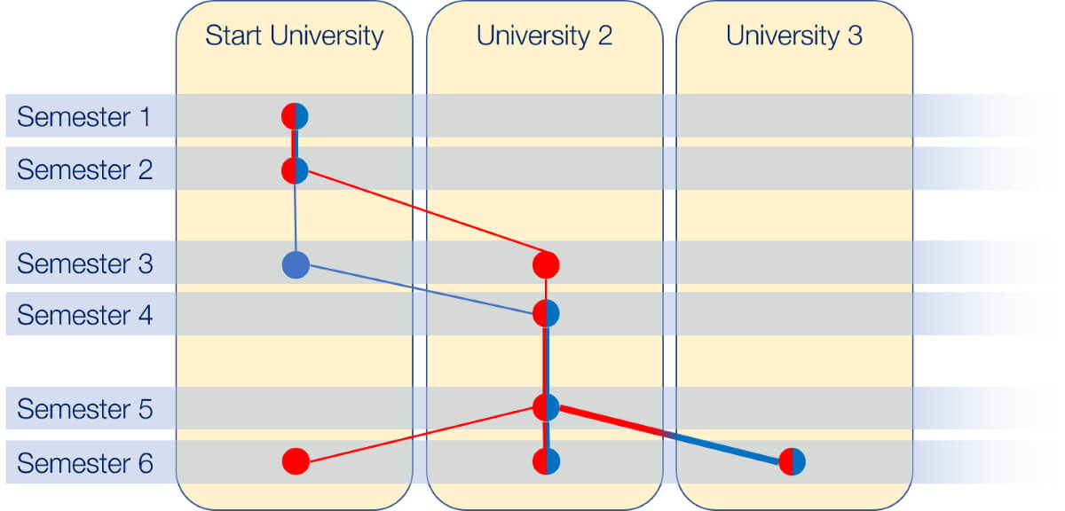 diagram showing three columns representing 3 universities and rows spilt into 6 semesters