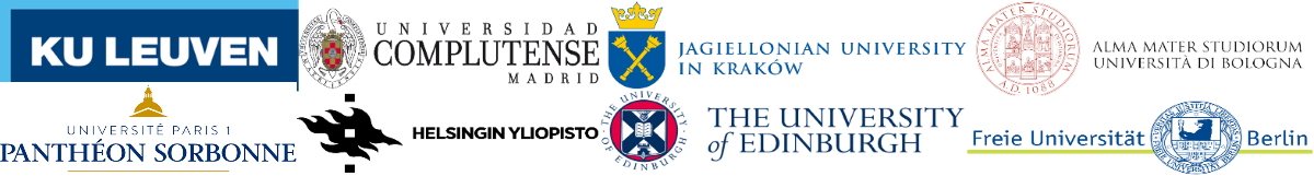 logo KU Leuven, logo Universidad Complutense Madrid, logo Jagiellonian University in Kraków, logo Alma Mater Studiorum Universita Di Bologna, logo Universite Paris 1 Pantheon Sorbonne, logo Helsingin Yliopisto, logo The University of Edinburgh, logo Freie Universitat Berlin